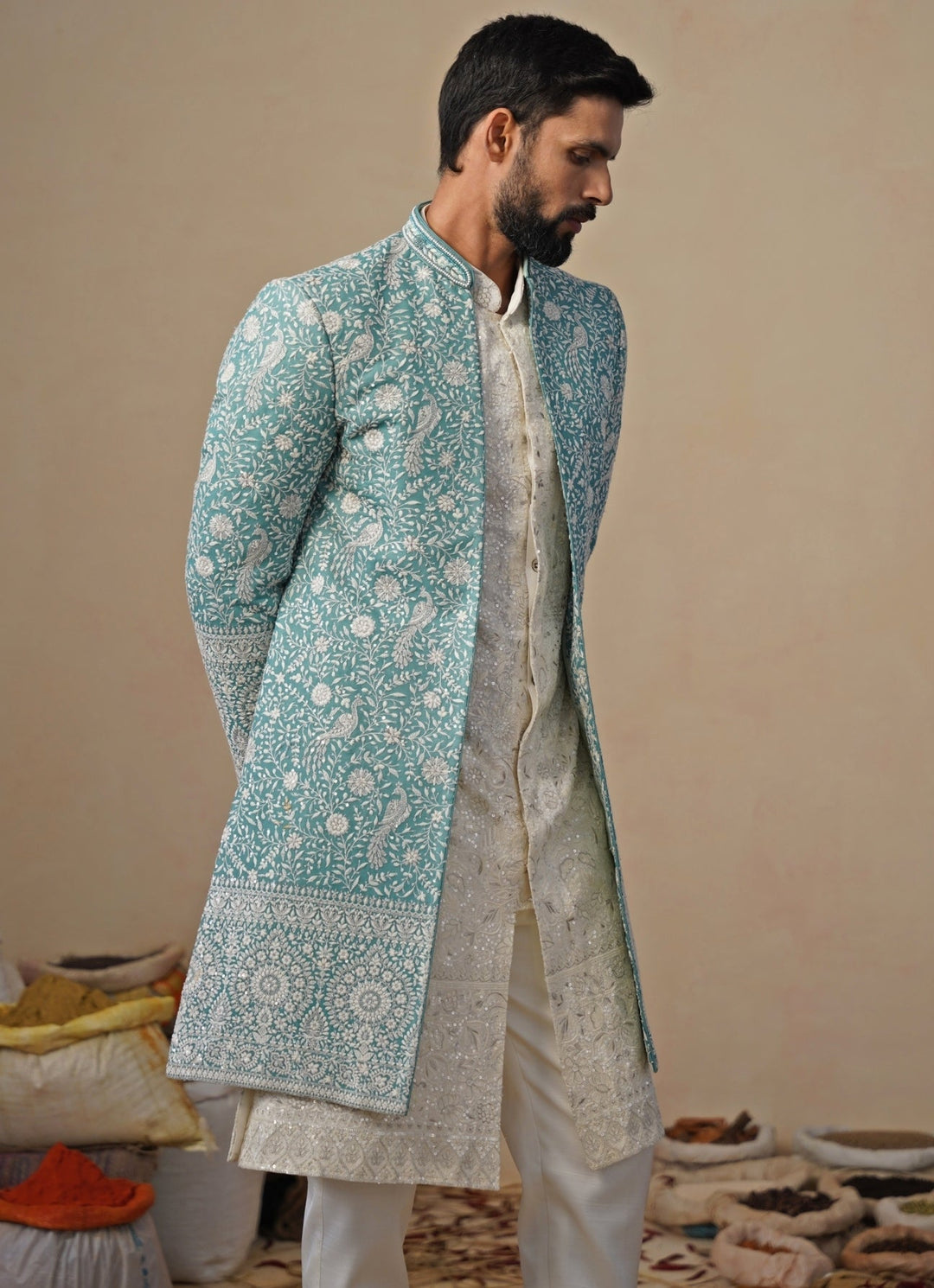 Ivory and Blue Georgette Indowestern Kurta Jacket Set Kalpraag - Fabilicious Fashion