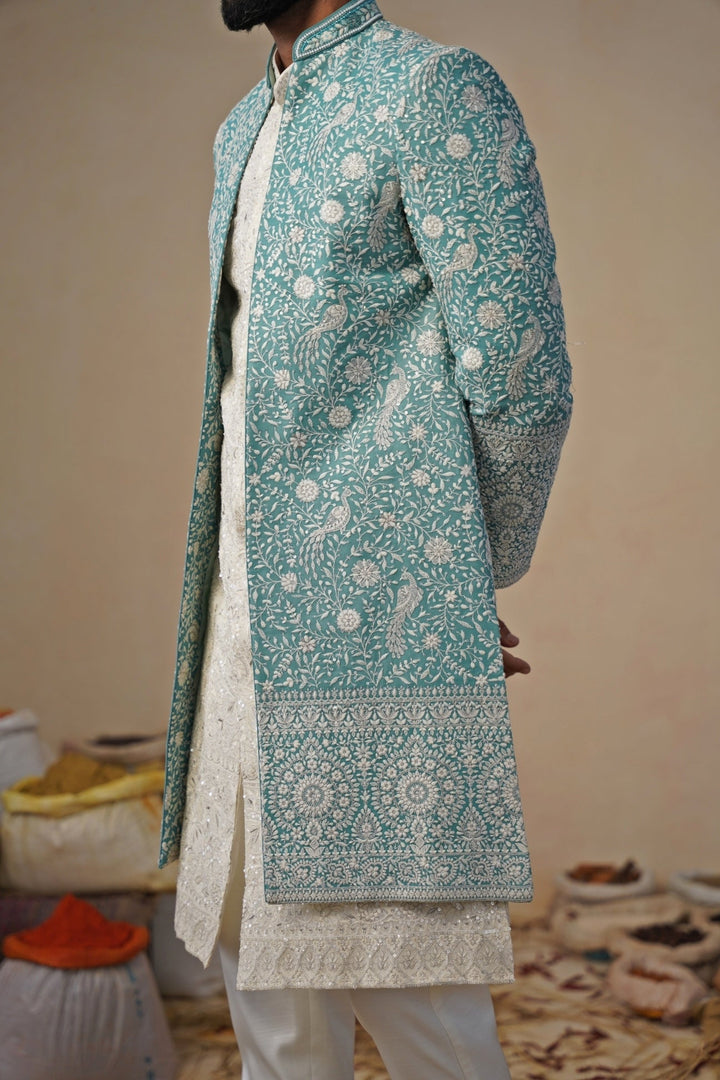 Ivory and Blue Georgette Indowestern Kurta Jacket Set Kalpraag - Fabilicious Fashion
