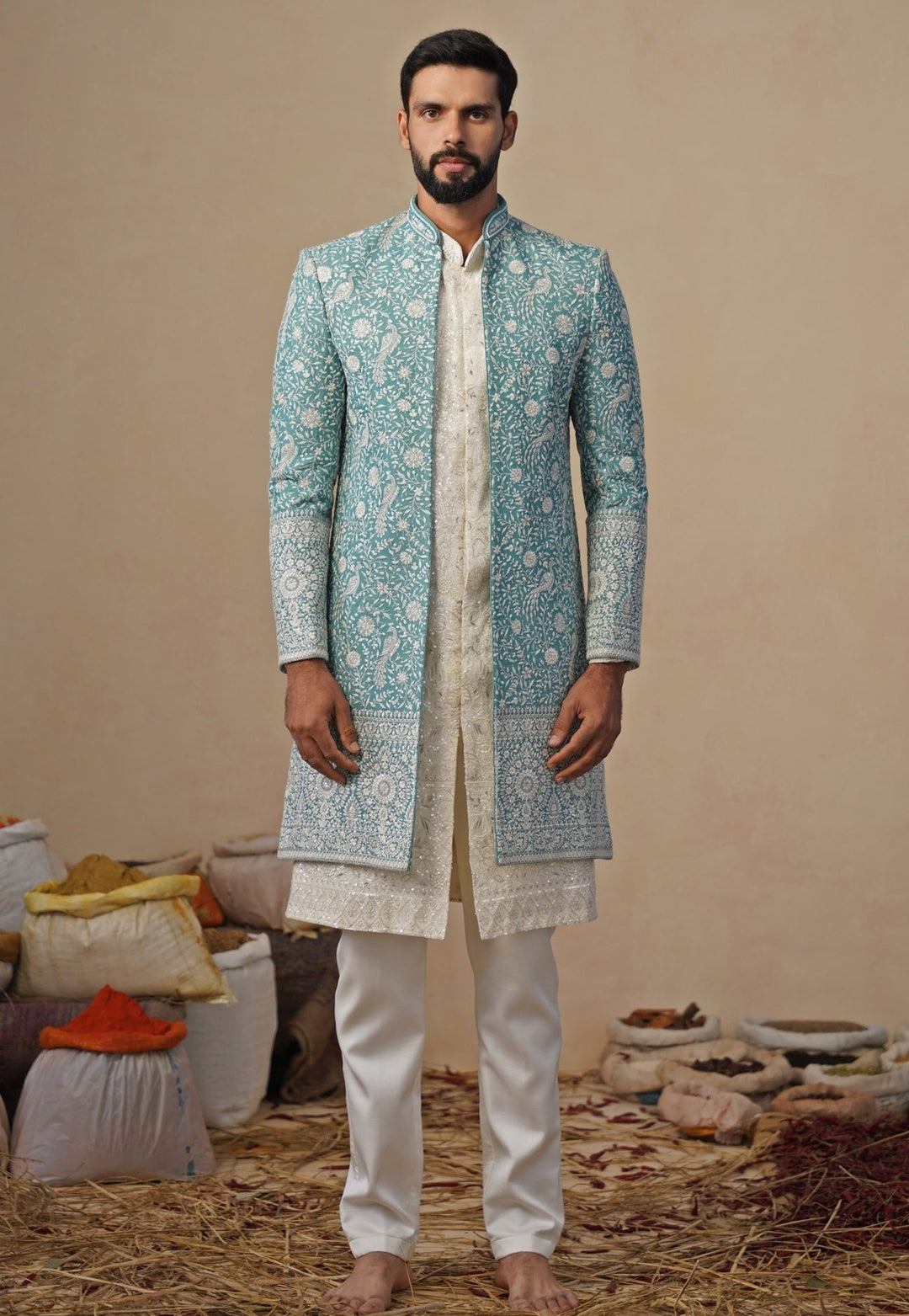 Ivory and Blue Georgette Indowestern Kurta Jacket Set Kalpraag - Fabilicious Fashion