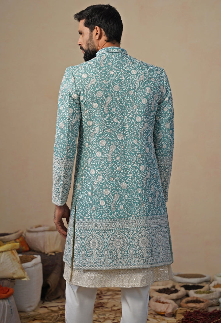 Ivory and Blue Georgette Indowestern Kurta Jacket Set Kalpraag - Fabilicious Fashion