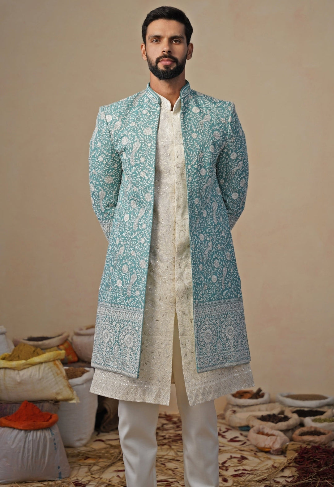 Ivory and Blue Georgette Indowestern Kurta Jacket Set Kalpraag - Fabilicious Fashion