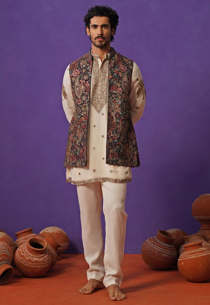 Ivory and Blue Georgette Short Kurta Jacket Set Kalpraag - Fabilicious Fashion
