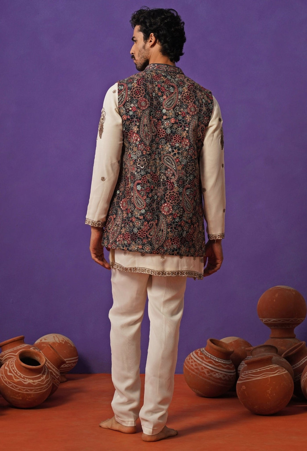 Ivory and Blue Georgette Short Kurta Jacket Set Kalpraag - Fabilicious Fashion