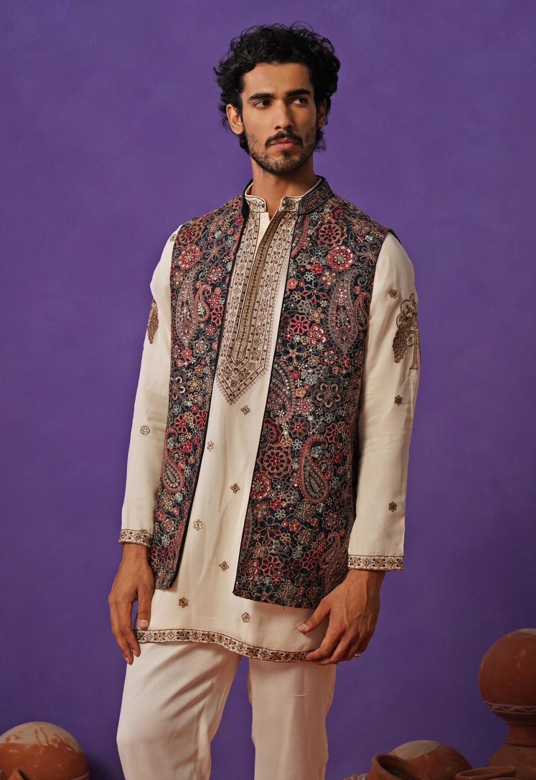 Ivory and Blue Georgette Short Kurta Jacket Set Kalpraag - Fabilicious Fashion
