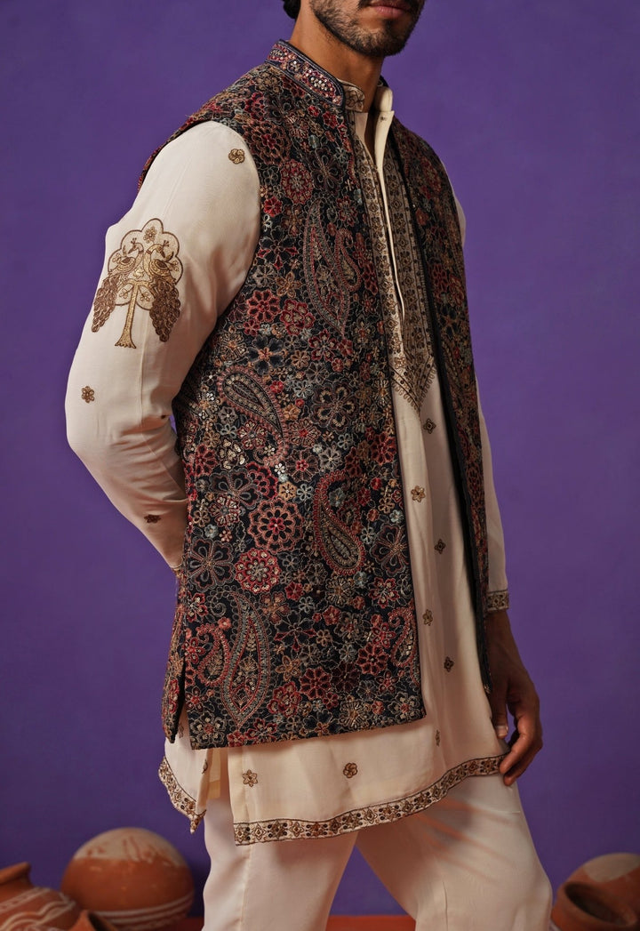 Ivory and Blue Georgette Short Kurta Jacket Set Kalpraag - Fabilicious Fashion
