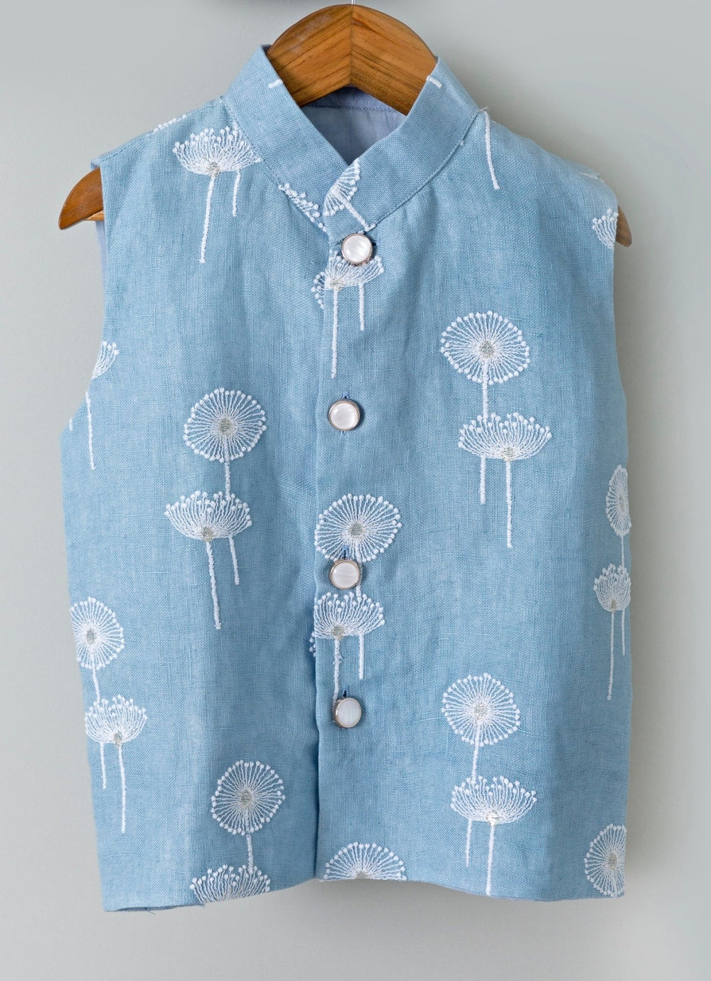 Chotibuti Ivory And Blue Linen Bundi Jacket SetFabilicious Fashion