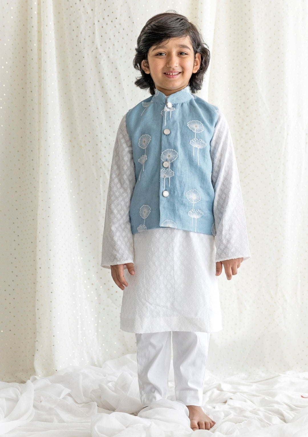 Chotibuti Ivory And Blue Linen Bundi Jacket SetFabilicious Fashion