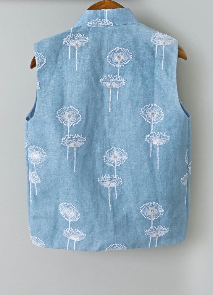 Chotibuti Ivory And Blue Linen Bundi Jacket SetFabilicious Fashion
