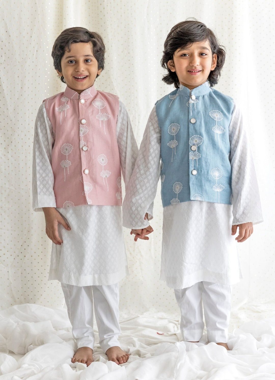 Chotibuti Ivory And Blue Linen Bundi Jacket SetFabilicious Fashion