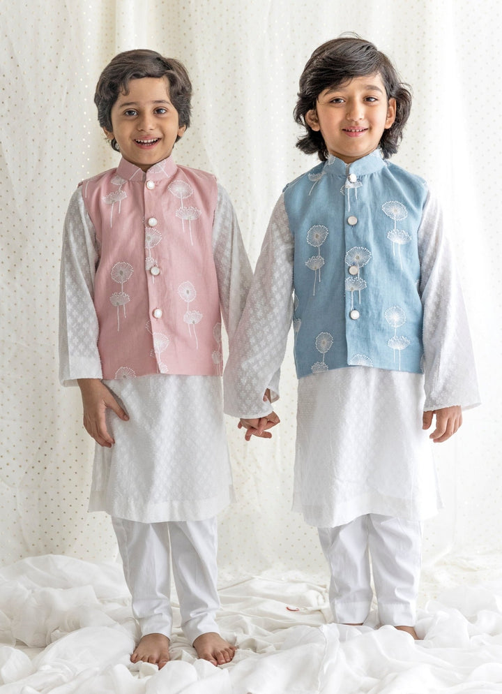 Chotibuti Ivory And Blue Linen Bundi Jacket SetFabilicious Fashion