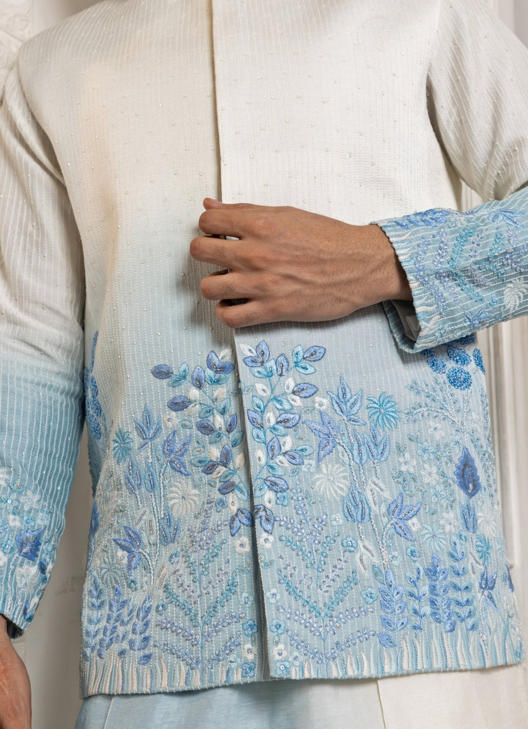 Ivory and Blue Ombre Satin Embroidered Nehru Jacket Set Smriti - Fabilicious Fashion