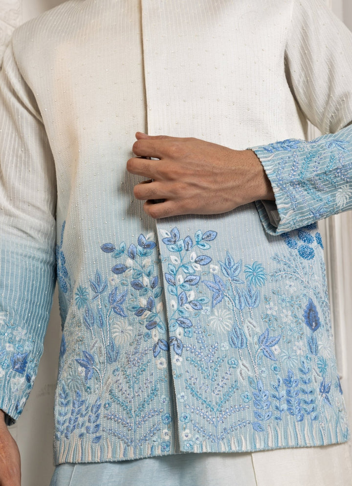 Ivory and Blue Ombre Satin Embroidered Nehru Jacket Set Smriti - Fabilicious Fashion