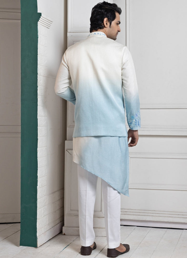 Ivory and Blue Ombre Satin Embroidered Nehru Jacket Set Smriti - Fabilicious Fashion