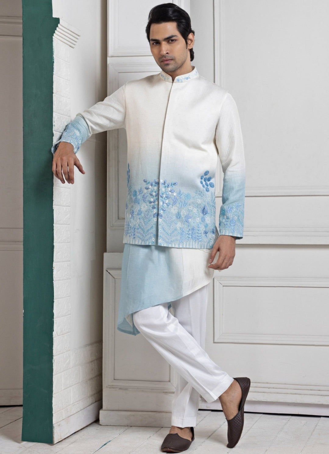 Ivory and Blue Ombre Satin Embroidered Nehru Jacket Set Smriti - Fabilicious Fashion