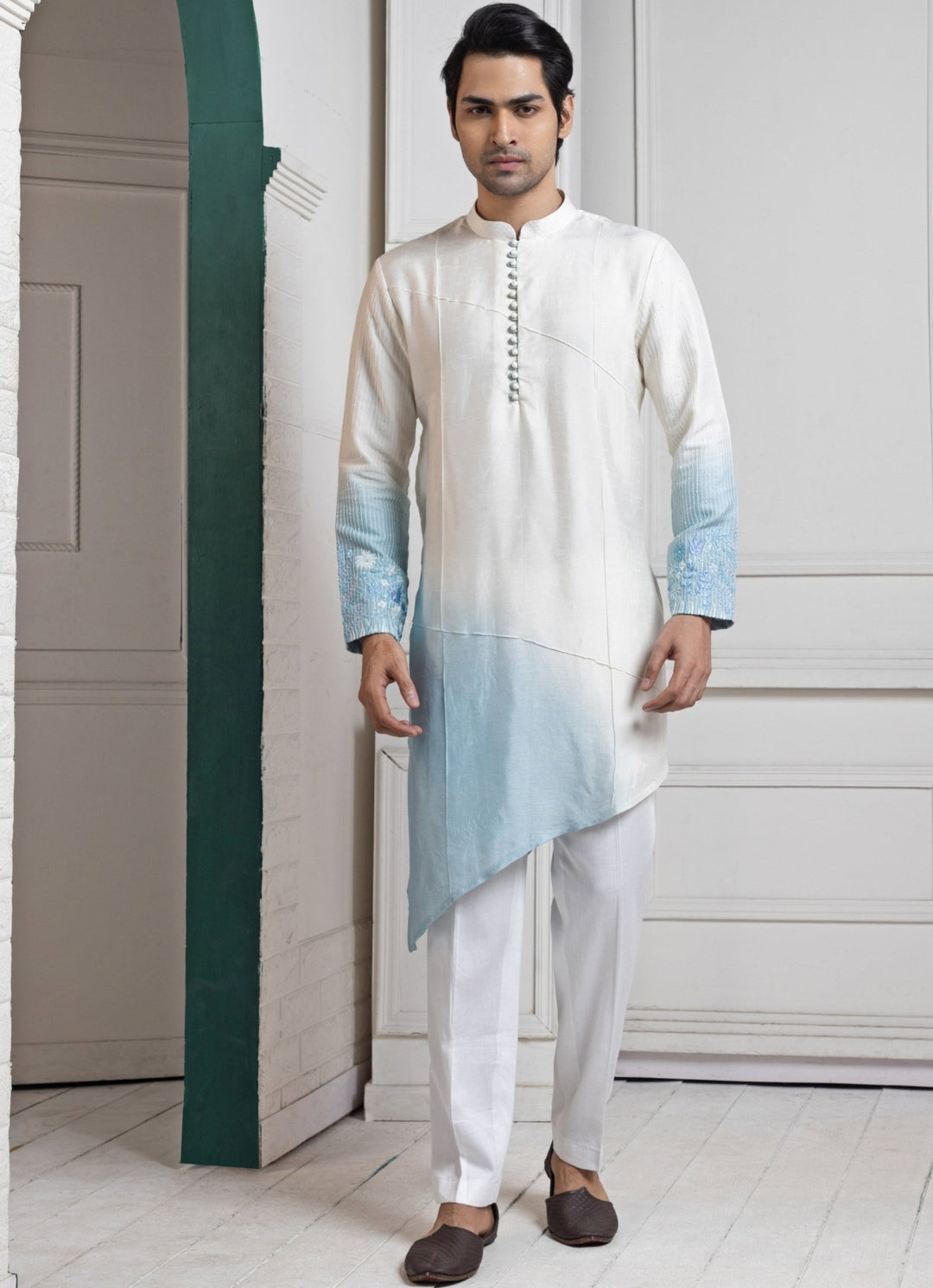 Ivory and Blue Ombre Satin Embroidered Nehru Jacket Set Smriti - Fabilicious Fashion