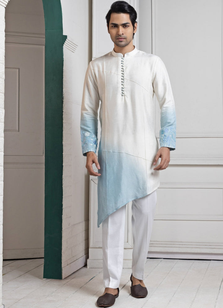 Ivory and Blue Ombre Satin Embroidered Nehru Jacket Set Smriti - Fabilicious Fashion