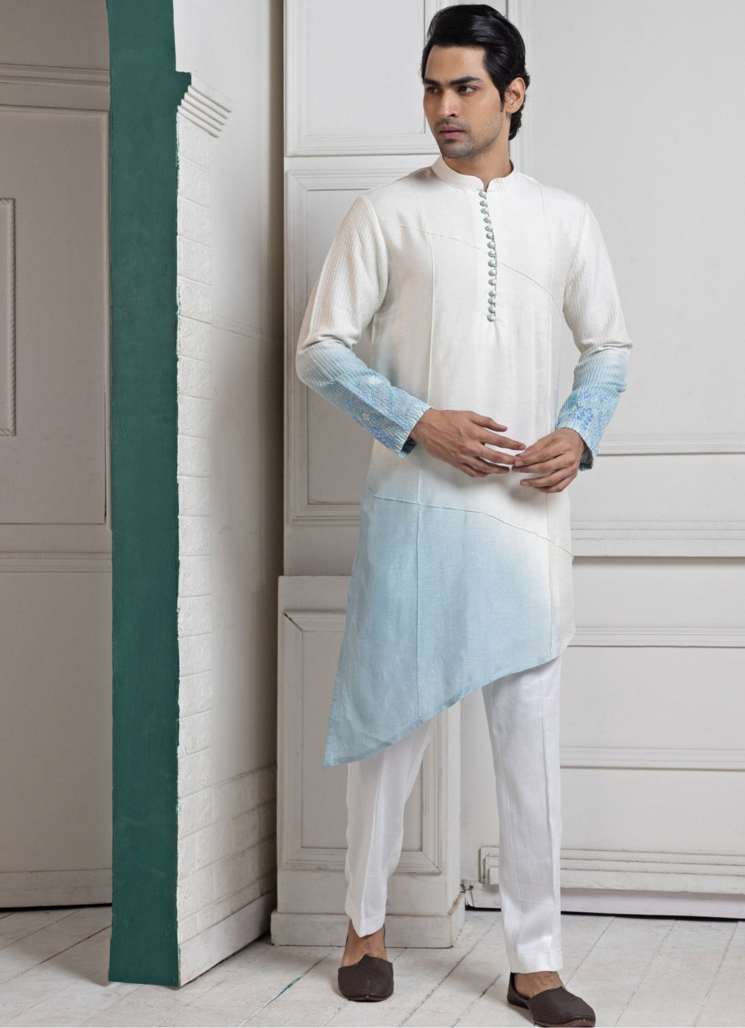 Ivory and Blue Ombre Satin Embroidered Nehru Jacket Set Smriti - Fabilicious Fashion