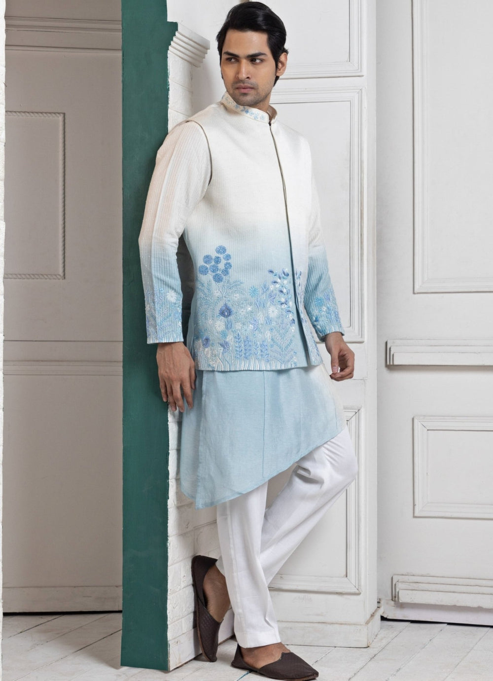 Ivory and Blue Ombre Satin Embroidered Nehru Jacket Set Smriti - Fabilicious Fashion
