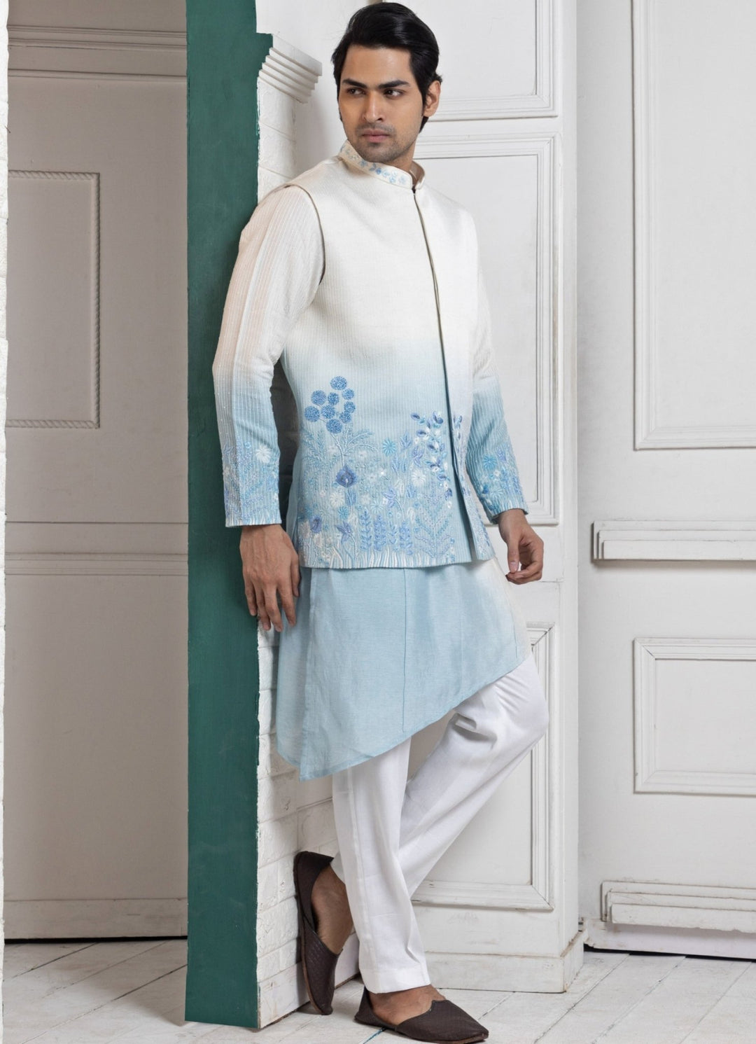 Ivory and Blue Ombre Satin Embroidered Nehru Jacket Set Smriti - Fabilicious Fashion
