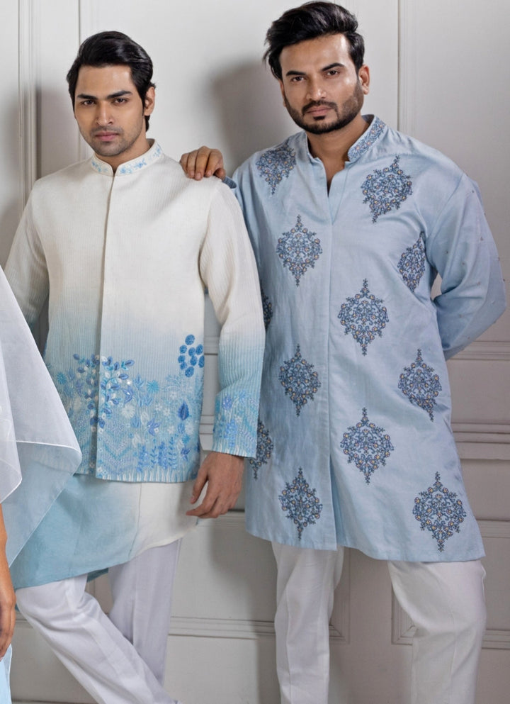 Ivory and Blue Ombre Silk Kurta Pant Set Smriti - Fabilicious Fashion