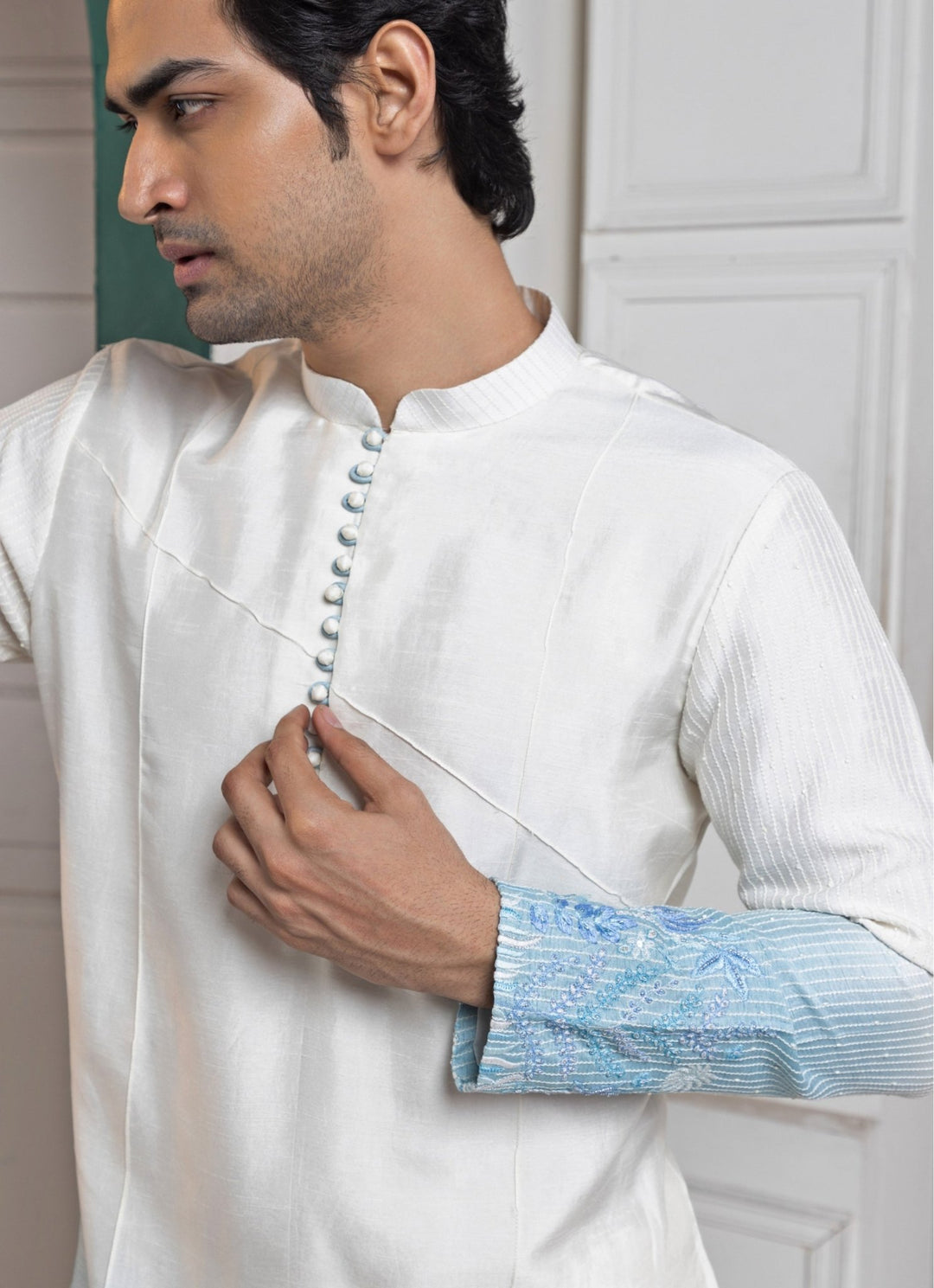 Ivory and Blue Ombre Silk Kurta Pant Set Smriti - Fabilicious Fashion