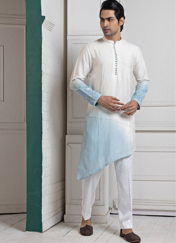 Ivory and Blue Ombre Silk Kurta Pant Set Smriti - Fabilicious Fashion
