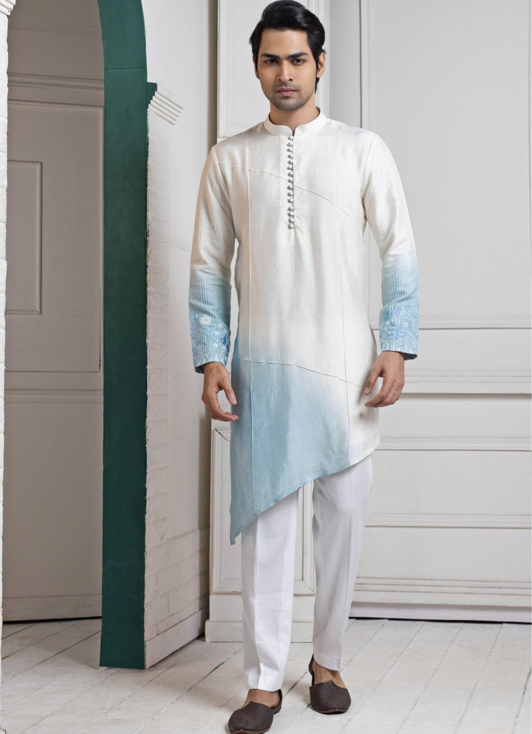 Ivory and Blue Ombre Silk Kurta Pant Set Smriti - Fabilicious Fashion