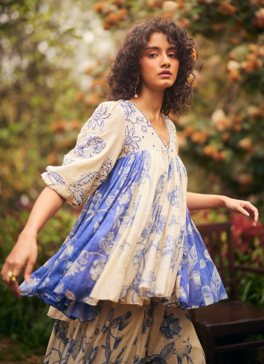 Ivory And Blue Peplum Kurta Palazzo Set Paulmi and Harsh - Fabilicious Fashion