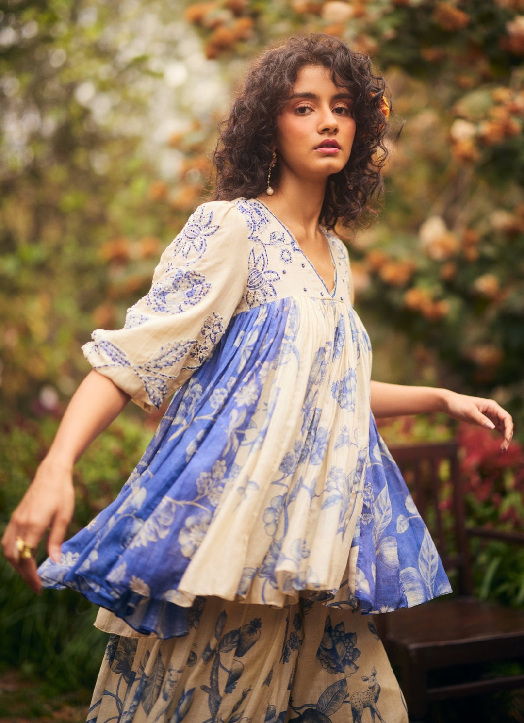 Ivory And Blue Peplum Kurta Palazzo Set Paulmi and Harsh - Fabilicious Fashion