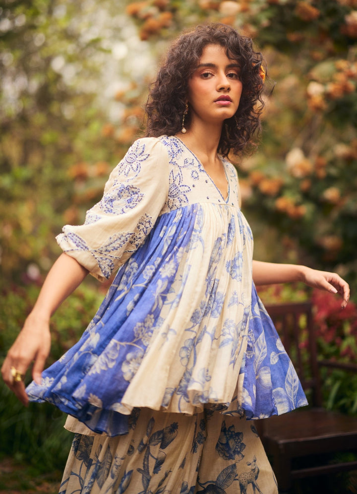 Ivory And Blue Peplum Kurta Palazzo Set Paulmi and Harsh - Fabilicious Fashion