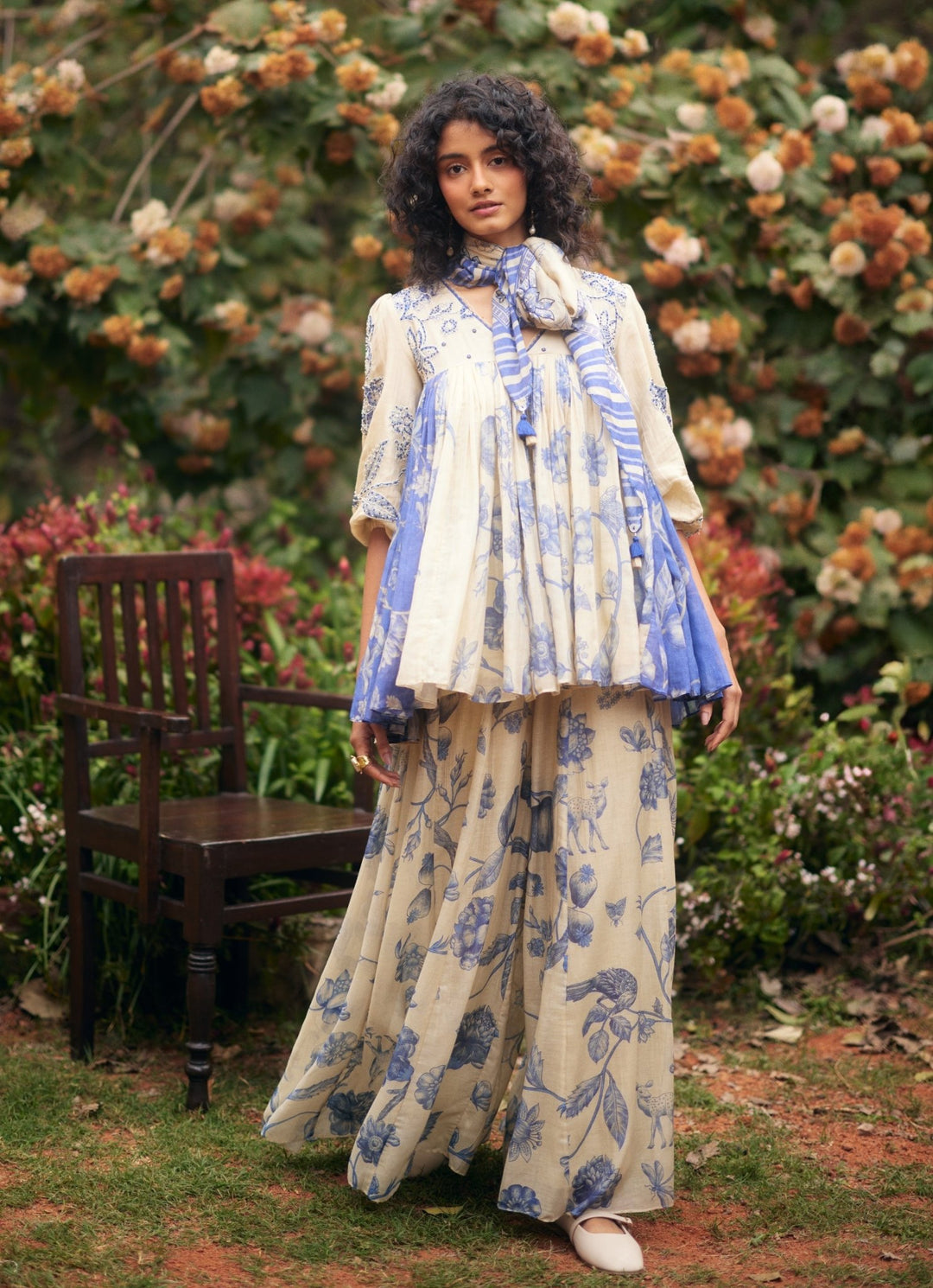 Ivory And Blue Peplum Kurta Palazzo Set Paulmi and Harsh - Fabilicious Fashion