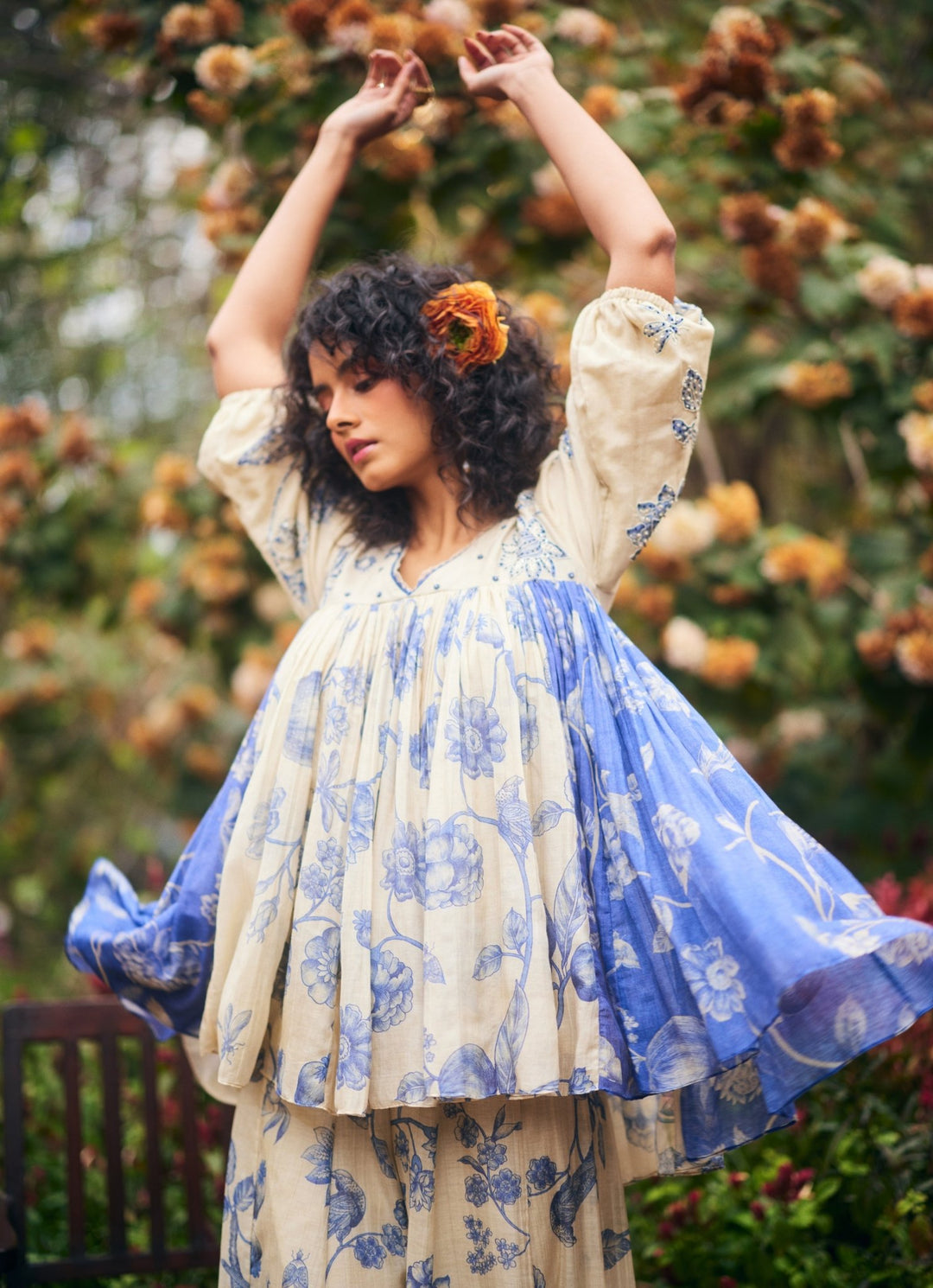 Ivory And Blue Peplum Kurta Palazzo Set Paulmi and Harsh - Fabilicious Fashion