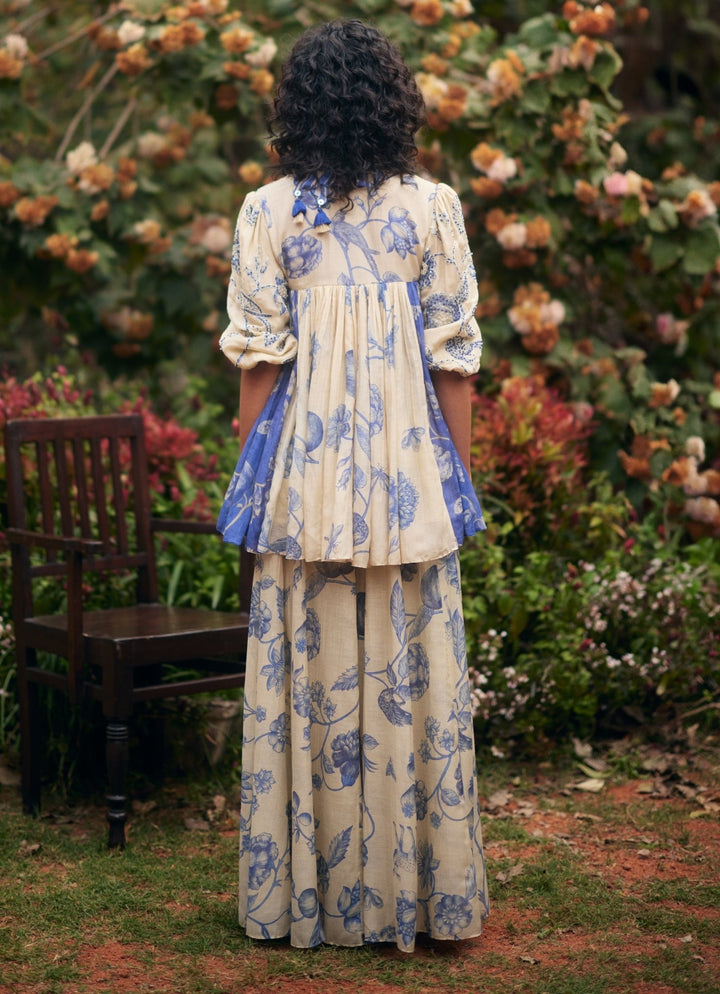 Ivory And Blue Peplum Kurta Palazzo Set Paulmi and Harsh - Fabilicious Fashion