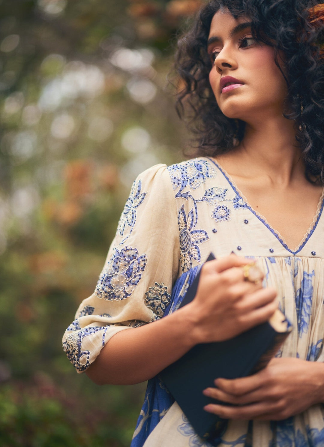 Ivory And Blue Peplum Kurta Palazzo Set Paulmi and Harsh - Fabilicious Fashion