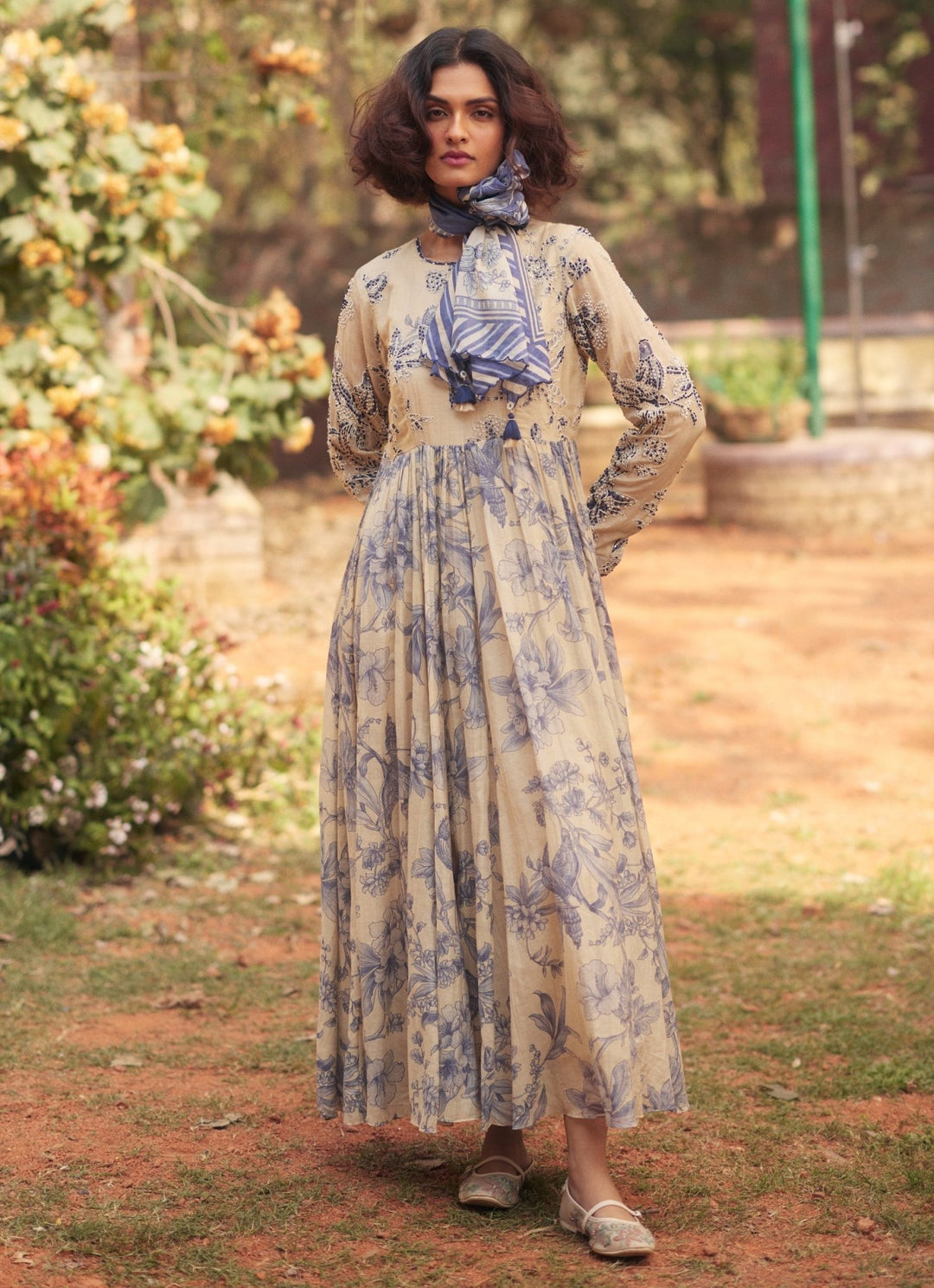 Ivory And Blue Printed Chanderi Anarkali Paulmi and Harsh - Fabilicious Fashion
