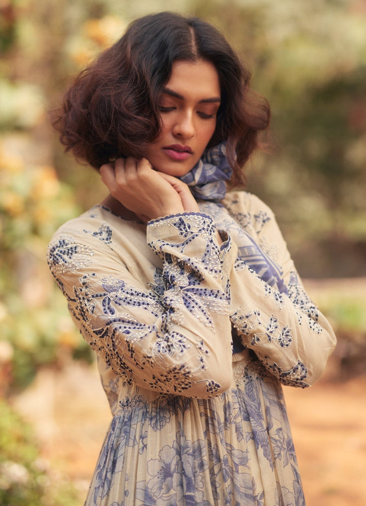 Ivory And Blue Printed Chanderi Anarkali Paulmi and Harsh - Fabilicious Fashion