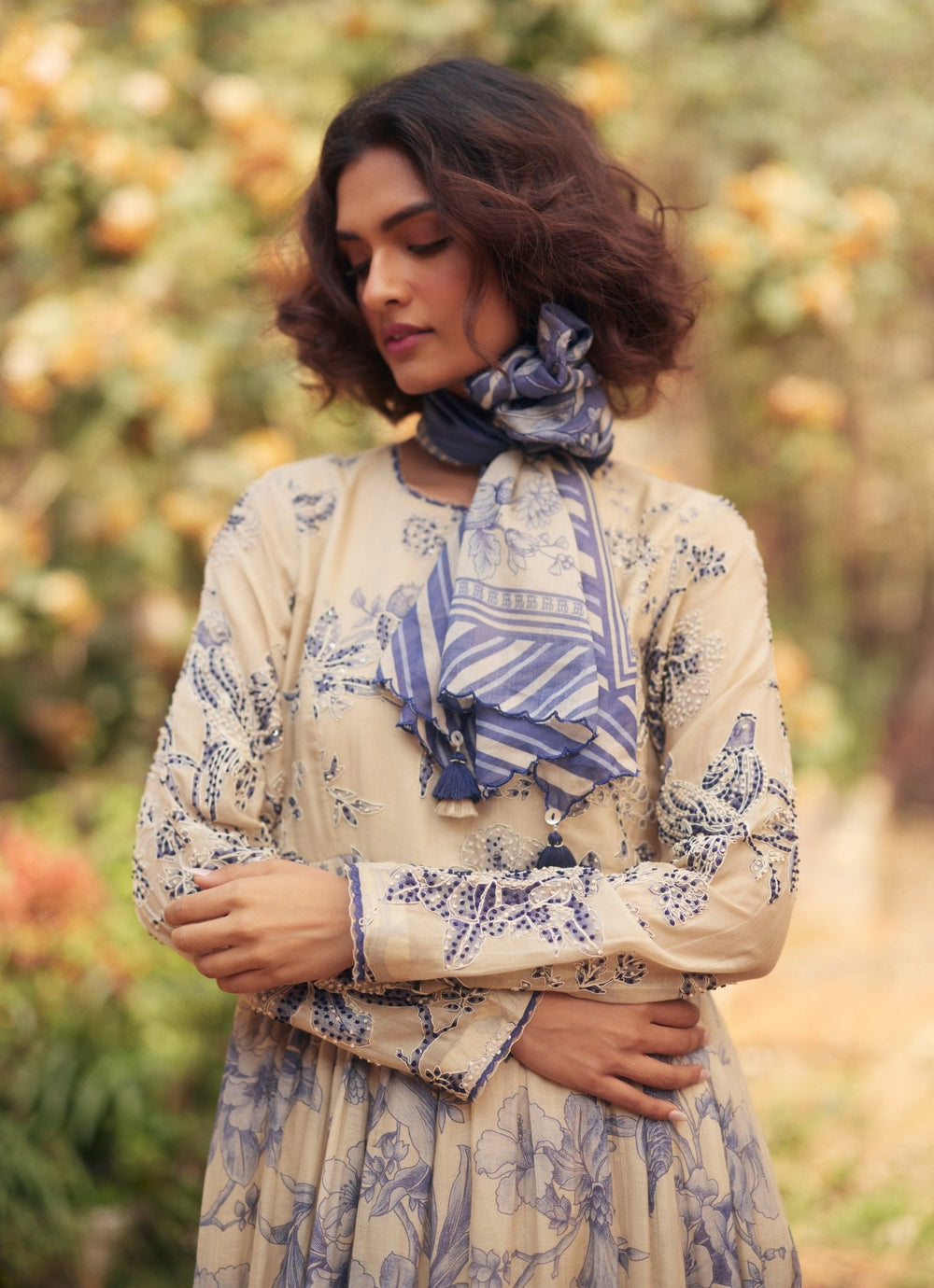 Ivory And Blue Printed Chanderi Anarkali Paulmi and Harsh - Fabilicious Fashion