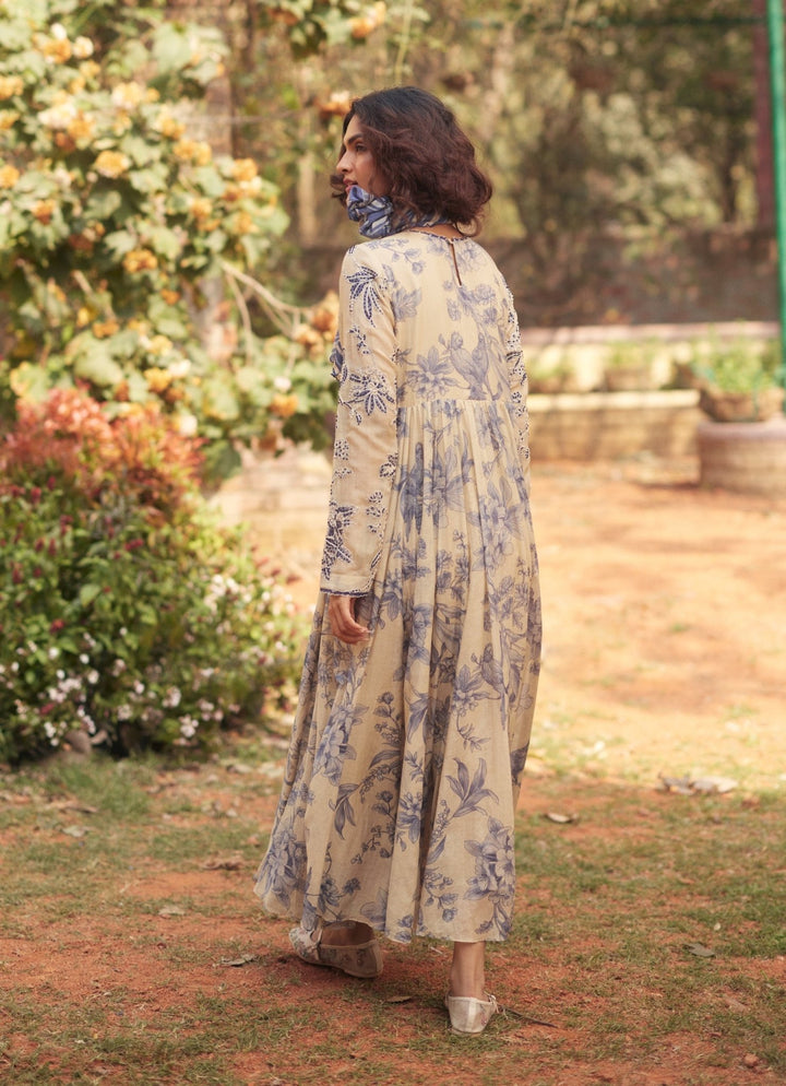 Ivory And Blue Printed Chanderi Anarkali Paulmi and Harsh - Fabilicious Fashion