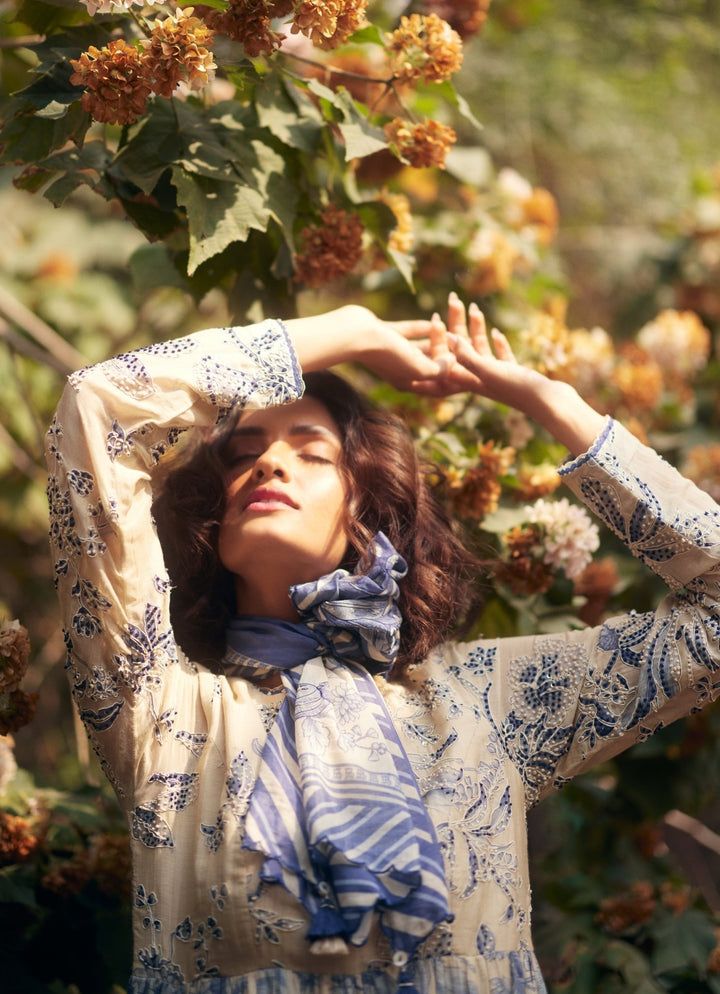 Ivory And Blue Printed Chanderi Anarkali Paulmi and Harsh - Fabilicious Fashion