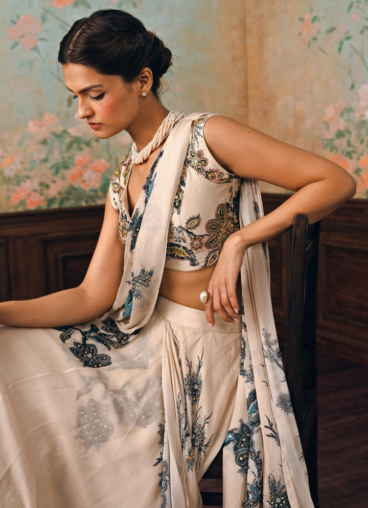 Paulmi and Harsh Ivory And Blue Printed Chiffon Pre-Draped SareeFabilicious Fashion