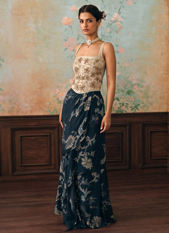 Paulmi and Harsh Ivory And Blue Printed Crush Skirt Set With CorsetFabilicious Fashion