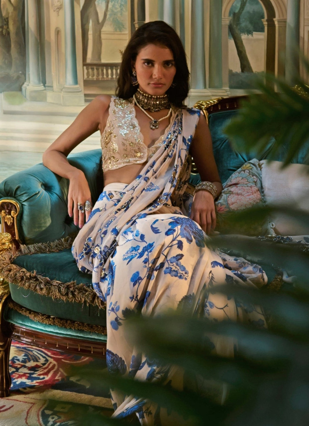 Ivory And Blue Printed Georgette Pre - Draped Saree Paulmi and Harsh - Fabilicious Fashion