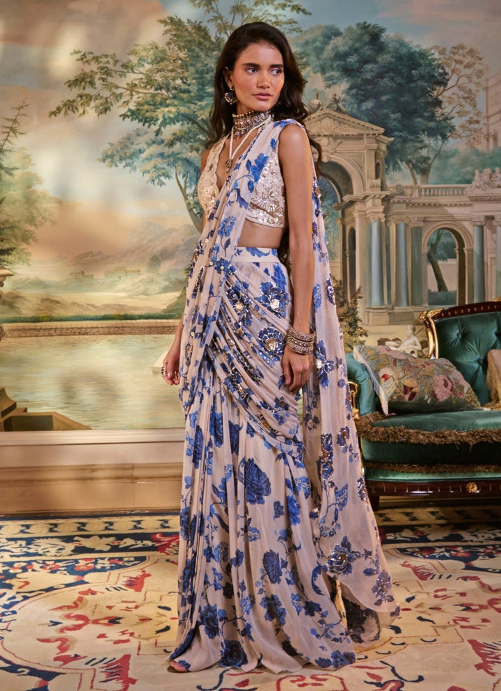 Ivory And Blue Printed Georgette Pre - Draped Saree Paulmi and Harsh - Fabilicious Fashion