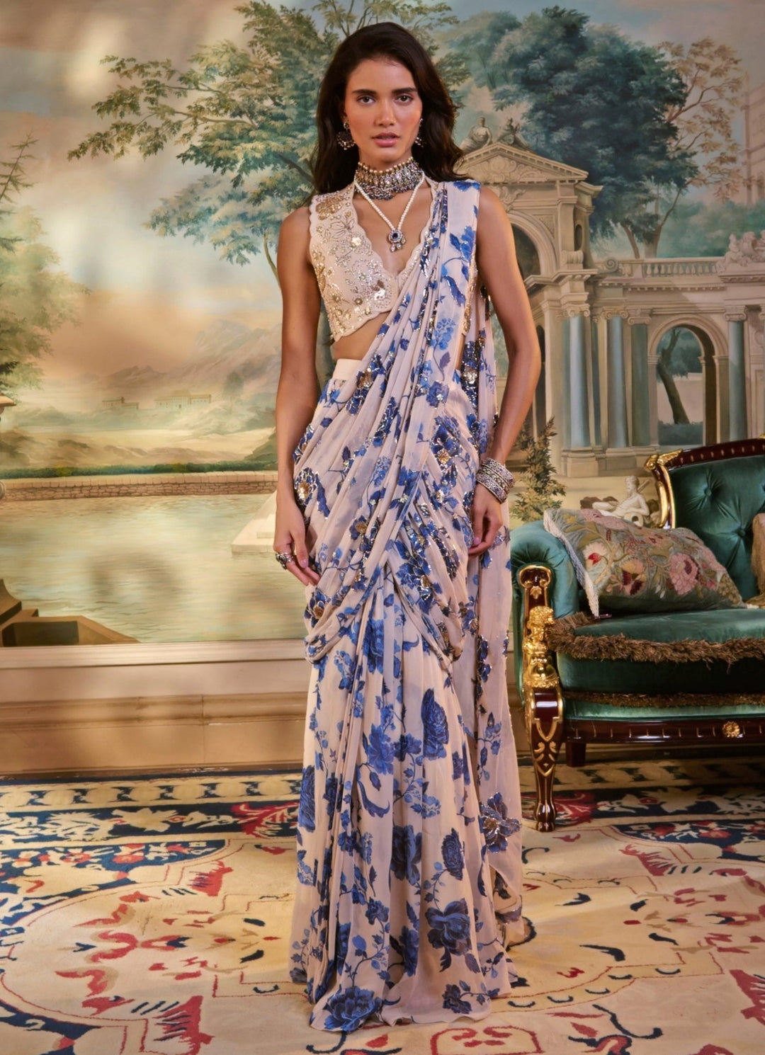 Ivory And Blue Printed Georgette Pre - Draped Saree Paulmi and Harsh - Fabilicious Fashion