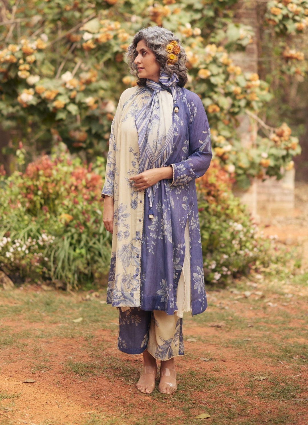 Ivory And Blue Printed Kurta Pants Set Paulmi and Harsh - Fabilicious Fashion