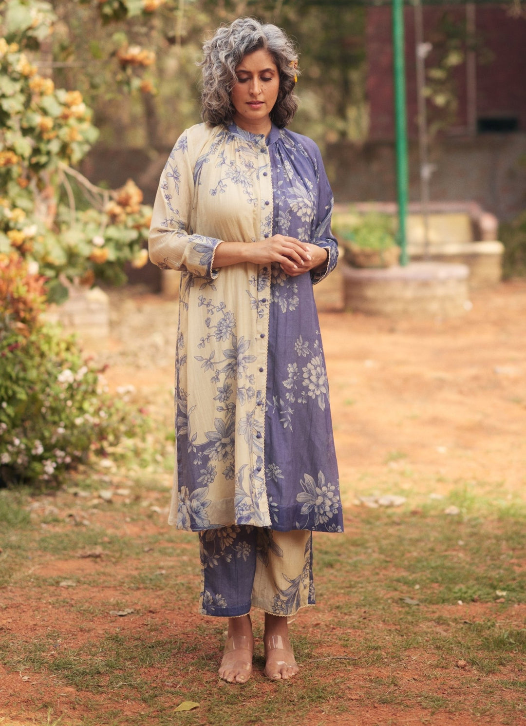 Ivory And Blue Printed Kurta Pants Set Paulmi and Harsh - Fabilicious Fashion