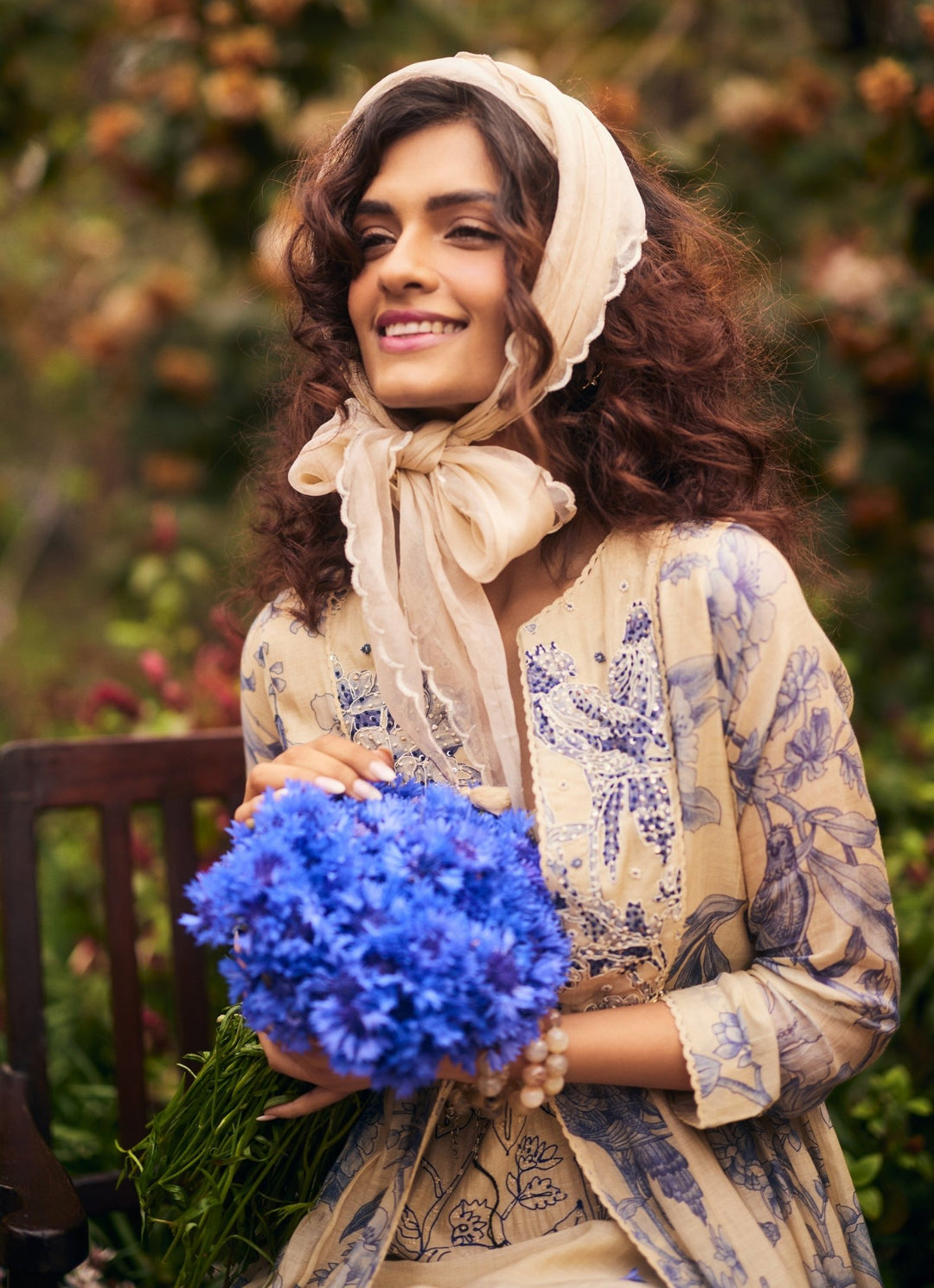 Ivory And Blue Printed Maxi Dress With Jacket Paulmi and Harsh - Fabilicious Fashion