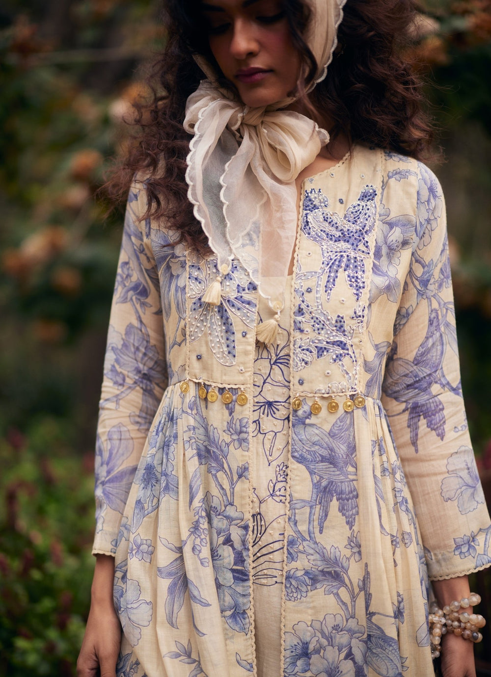 Ivory And Blue Printed Maxi Dress With Jacket Paulmi and Harsh - Fabilicious Fashion