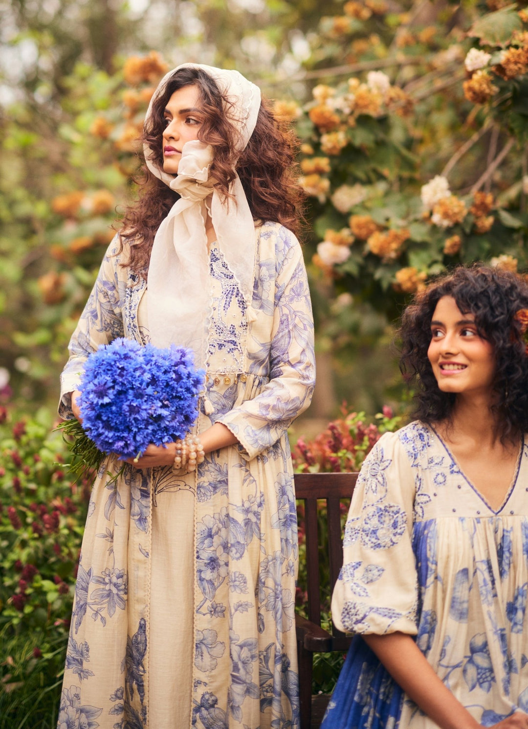 Ivory And Blue Printed Maxi Dress With Jacket Paulmi and Harsh - Fabilicious Fashion