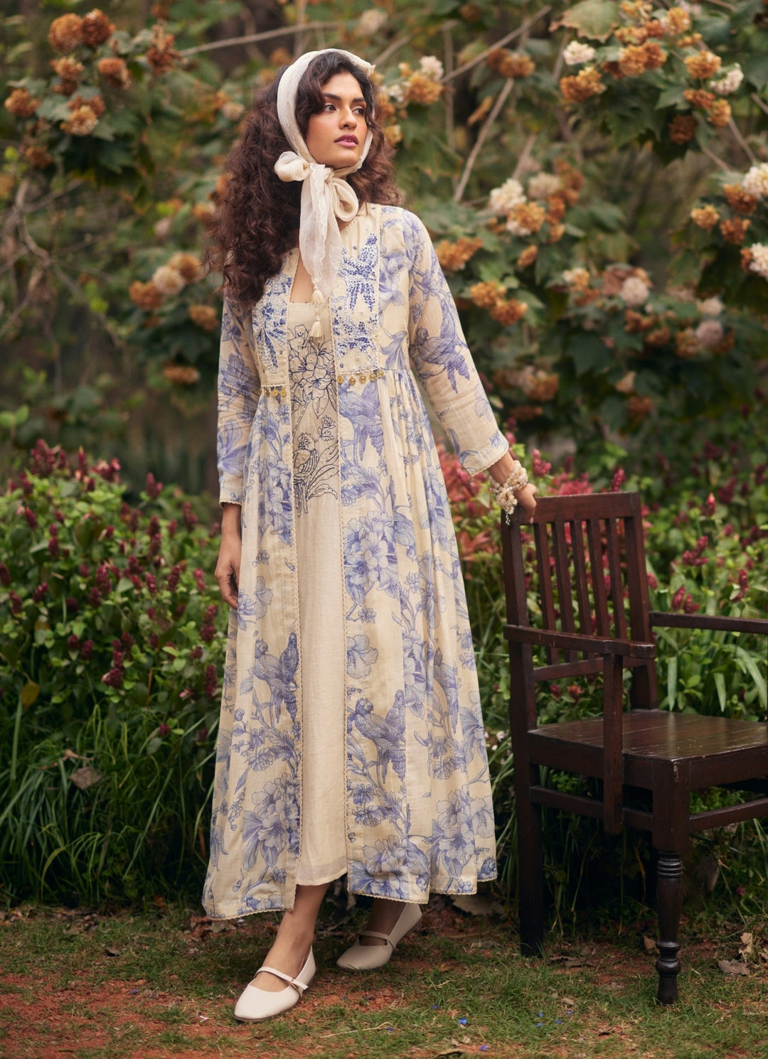 Ivory And Blue Printed Maxi Dress With Jacket Paulmi and Harsh - Fabilicious Fashion